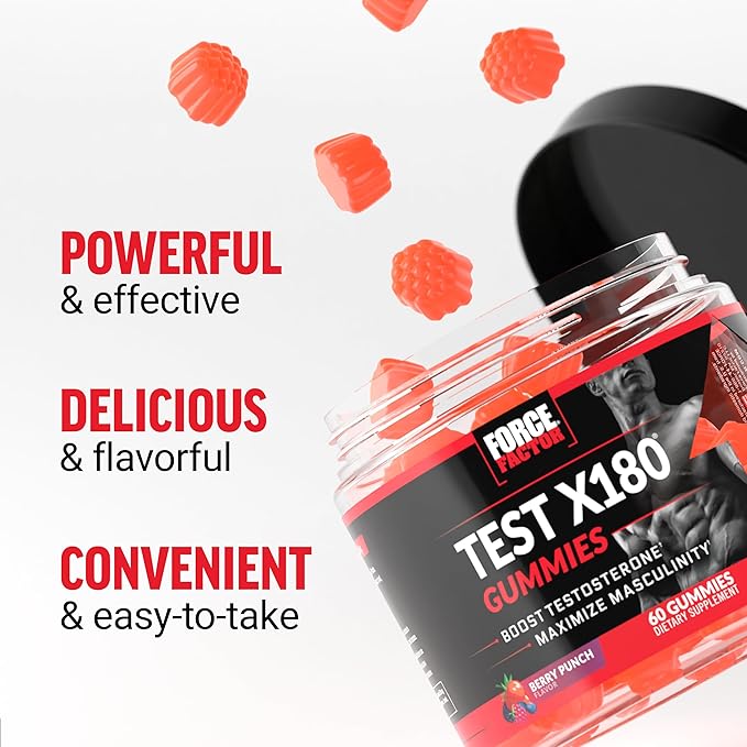 Force Factor Test X180 Gummies Testosterone Booster for Men with Tongkat Ali, Horny Goat Weed, Tribulus Terrestris, Fenugreek, & Black Maca, Testosterone Supplement for Men, Berry Punch, 120 Gummies