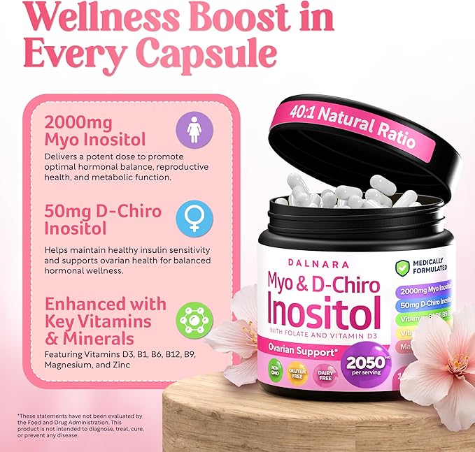 Myo-Inositol & D-Chiro Inositol Supplement for Women - 40:1 Ratio Inositol Capsules with Folate, Vitamin D3, Magnesium & Zinc - Ovarian Support Inositol Multivitamin - 2050mg, 120 Count