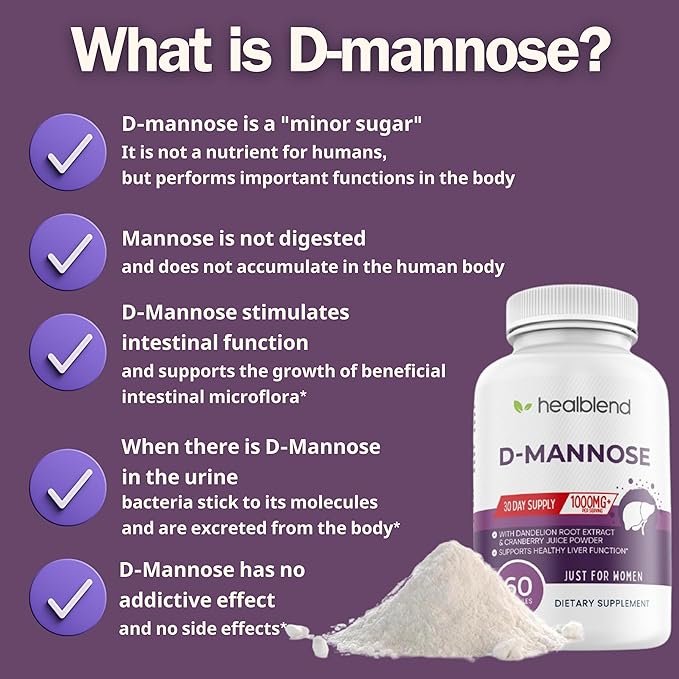 D-Mannose 1000mg Capsules with Cranberry Juice Powder, Hibiscus, and Dandelion Extracts - 30 Day Supply for Urinary Tract Health