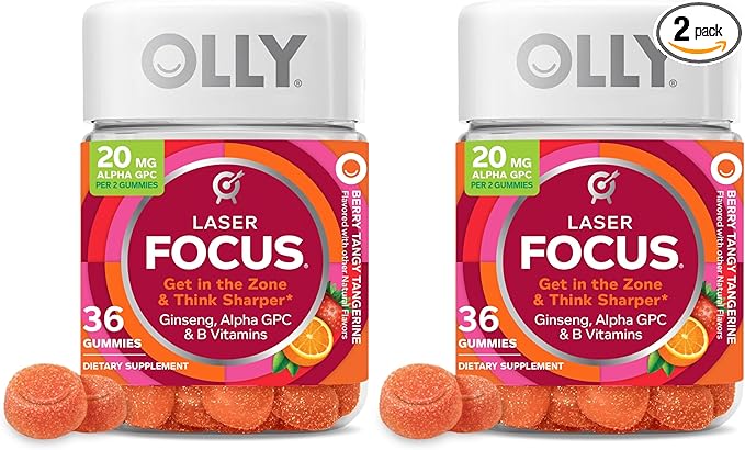 OLLY Laser Focus Gummy, Ginseng, Alpha GPC, B Vitamins, Berry Tangerine Flavor - 36 Count (Pack of 2)