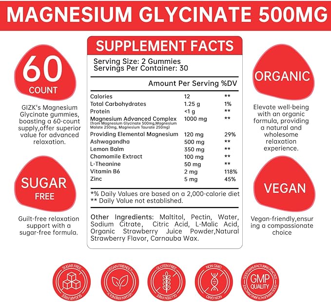 Magnesium Glycinate Gummies 500mg – Sugar Free Magnesium Gummies with L-Theanine - Sleep, Calm, Stress Relief for Adults & Kids 4+, Vegan, No Melatonin (Strawberry Flavor, 60 Count)