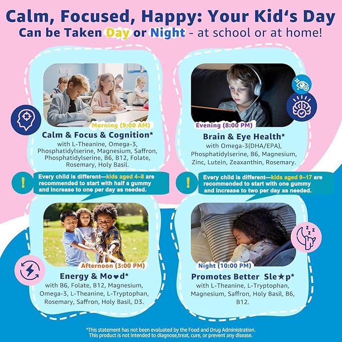 Saffron +Magnesium Glycinate +Omega-3 - Calm Focus Gummies for Kids 4+, Saffron Extract Supplement with L-Theanine, Holy Basil, Rosemary, B6, D3 for Happy Mood, Cognition, ZZz, Sugar Free, 2 Pack