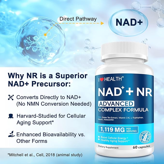 NAD Supplement 1119 mg with NR | Advanced Complex | NMN Alternative | Green Tea Extract + Astaxanthin | Anti-Aging Cellular Energy Support | 60 Capsules, Made in USA
