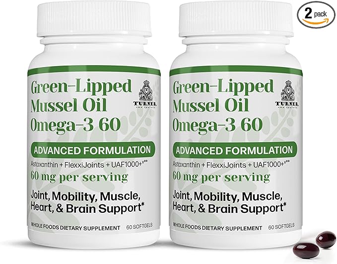 TURNER New Zealand Green Lipped Omega-3 Mussel Oil, 53x Higher Potency with UAF1000+ Super Antioxidant, No Fishy Aftertaste, 2 Bottles, 120 Softgels