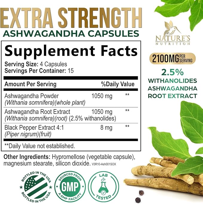 Ashwagandha Supplements - Premium Ashwagandha Capsule for Women & Men, Natural Antioxidant Support Ashwa Root Extract, Extra Strength Calm Support with Black Pepper, Vegan - USA Bottled - 60 Capsules