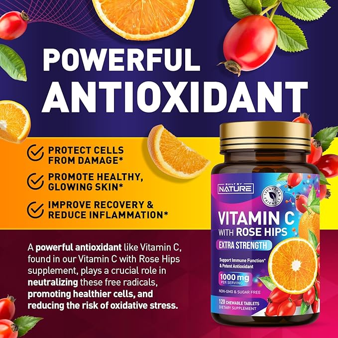Built by Nature Chewable Vitamin C with Rose HIPS - 1000mg Immune Support Supplement - Non-GMO, Gluten-Free, Vegan - Powerful Antioxidant for Energy & Collagen Boost - Orange Flavor – 120 Tablets