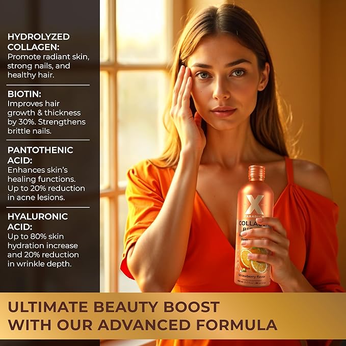 Liquid Collagen Peptides with Biotin & Hyaluronic Acid - Hydrolyzed Bovine Collagen Type 1 and 3, Biotin 10000mcg, Vitamins B5, B6, C & E - Orange Flavor
