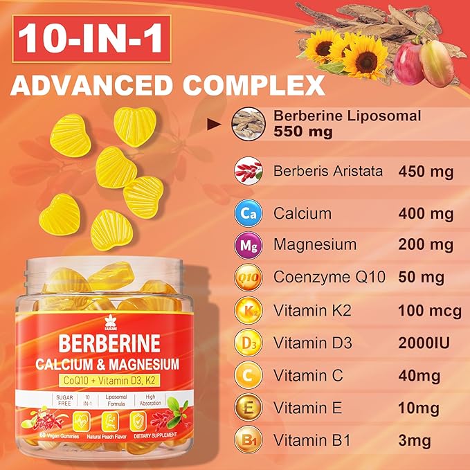 Berberine Supplement Gummies Sugar Free, Extra Absorption with Liposomal Berberine & Berberine HCI, Calcium, Magnesium, AMPK Activitor for Sugar & Level, Immune, Energy, Metabolism -Pack of 2