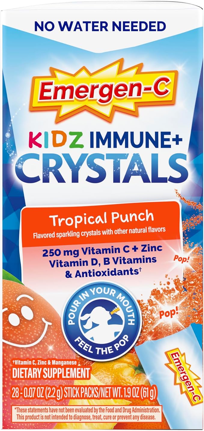 Emergen-C Kidz Immune Plus Crystals, On-the-Go Immune Support Supplement with Vitamin C, Vitamin D, B Vitamins, Zinc and Manganese, Tropical Punch - 28 Stick Packs