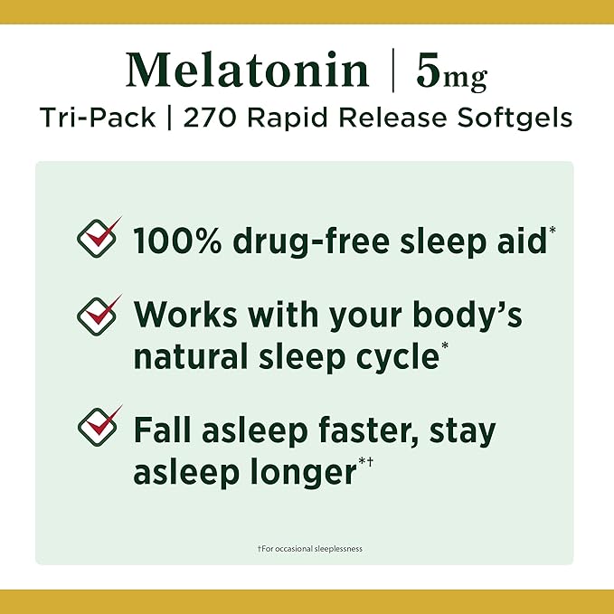 Nature's Bounty Melatonin 100% Drug Free Sleep Aid, Dietary Supplement, Promotes Relaxation and Sleep Health, 5 mg, 90 Count, Pack of 3