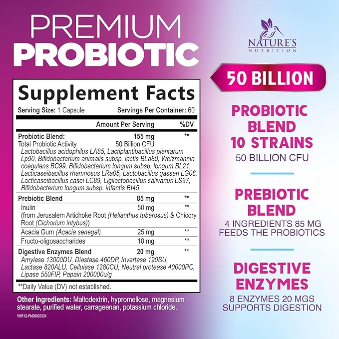 Probiotics for Digestive Gut Health - 50 Billion CFU Per Capsule, 10 Premium Strains & Prebiotics - Best Probiotics for Women & Men, Occasional Constipation, Gas, Immune Health Support - 60 Capsules