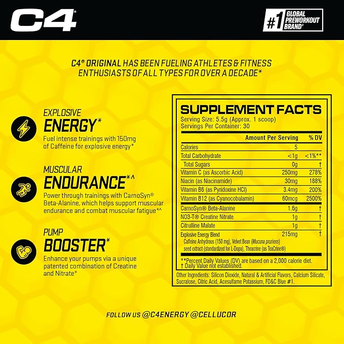 C4 Original Pre-Workout Powder For Endurance, Focus & Performance with 150mg Caffeine, Beta-Alanine, Creatine, Sugar Free Pre-Workout for Men & Women, 30 Servings, Frozen Bombsicle