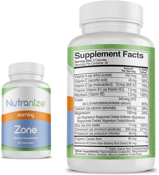 Nutranize Zone Twin-Pack Supplement System - Pharmacist-Designed Morning & Bedtime Capsules with Magnesium Glycinate, Vitamin D3, K2 MK7, Methylfolate, Chromium, Melatonin - 30 Day Supply (120 Count)