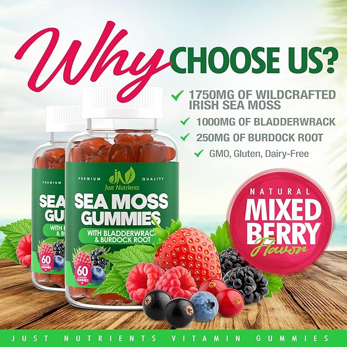 Sea Moss 3000mg Gummies with Bladderwrack and Burdock Root - Natural Irish Sea Moss Superfood for Immune, Thyroid and Detox Support - Extra Strength for Men & Women - Gluten-Free, Vegan - 60 Gummies