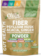 GutResto Fiber Supplement Psyllium Husk Powder Probiotic Gut Health Digestive Enzymes Prebiotic L-Glutamine Slippery Elm Aloe Vera Marshmallow Root Turmeric Ginger Peppermint by Clean Nutra 30 Svgs