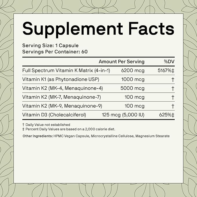 Nutriissa Full-Spectrum Vitamin K 6200 mcg – K1, K2 (MK-4, MK-7, MK-9) with Vitamin D3 – Bone & Heart Health – EPEB Certified for Purity & Potency – 60 Capsules