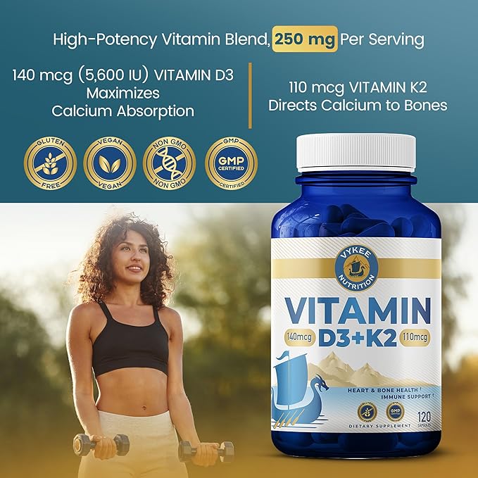 Vykee Nutrition Vitamin D3 K2 Complex - High Potency 140 mcg D3 Vitamin and 110mcg Vitamin K2 (MK-7) - Vegan Supplement for Bone and Heart Support, Non-GMO, Gluten-Free - 120 Count