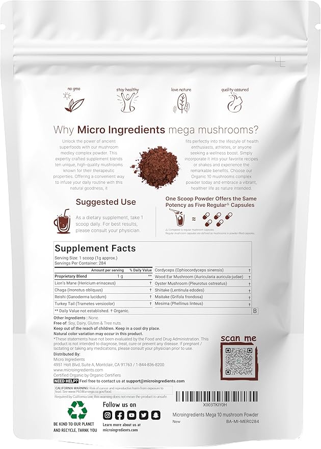 Micro Ingredients Organic Mega Mushroom Powder,10 Ounce (284 Days Supply) | 10 in 1 Complex Formula for Immune System Booster | Chaga, Lions Mane, Cordyceps, Reishi & More | Filler Free, Vegan