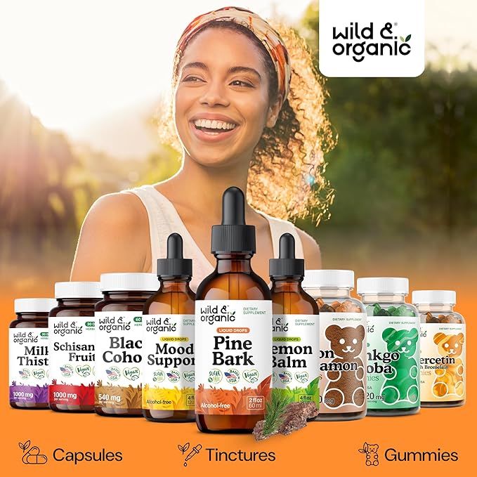 Wild & Organic Pine Bark Extract Tincture - Antioxidant Support - Pinus Pinaster Supplements - French Maritime Bark Liquid Drops - 2-Month Supply - Vegan, Alcohol & Sugar-Free - 2 fl oz