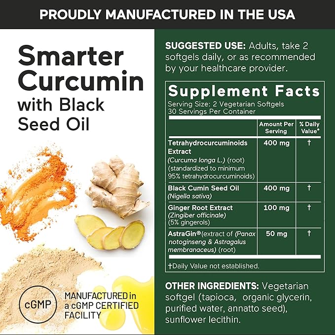 SMARTERNUTRITION Curcumin Softgels - Vegan High Absorption 400 mg Curcumin Supplement Standardized to 95% Tetrahydrocurcuminoids + Black Seed Oil & Ginger for Joint & Immune Health - 360 Ct