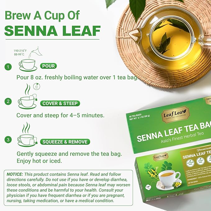 LeafLea 80 Senna Leaf Tea Bags – Natural Herbal Laxative Tea, Supports Gentle Constipation Relief & Healthy Digestion, Caffeine-Free, Sugar-Free, No Gluten, Non-GMO, Vegan, Individually Wrapped