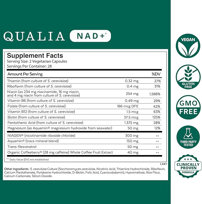 Qualia NAD Supplement — Clinically Proven to Boost NAD+ up to 67%. Optimized Aging, Energy, Focus. Elite NAD+ Ingredients: Nicotinamide Riboside (NIAGEN,) Niacin, Niacinamide (2 Month Supply)