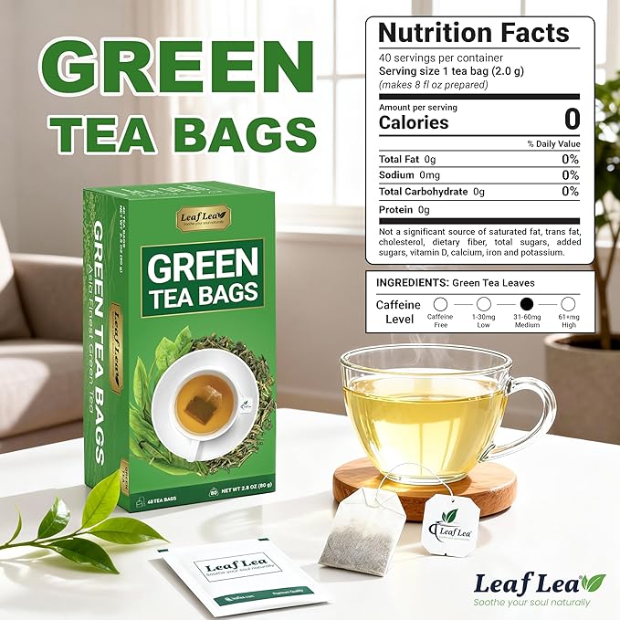 LeafLea 80 Premium Green Tea Bags, Pure Green Tea Leaves, Bright & Mild Flavor with Caffeine, Daily Wellness and Naturally Uplifting, Sugar-Free, Non-GMO, Vegan, Individually Wrapped (2 Pack)