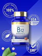 Carlyle Vitamin B-12 6000mcg | 120 Fast Dissolve Tablets | Natural Berry Flavor | Cyanocobalamin & Methylcobalamin | Vegetarian, Non-GMO, and Gluten Free Sublingual Supplement