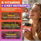 Methylated B Complex Vitamins Gummies, 12-in-1 Formula + Methyl B12 1000 mcg, 5-MTHF Methylfolate, Inositol, Choline, Vitamin C, D3, Multivitamin B Complex for Women & Men, Energy, Focus, 60cts
