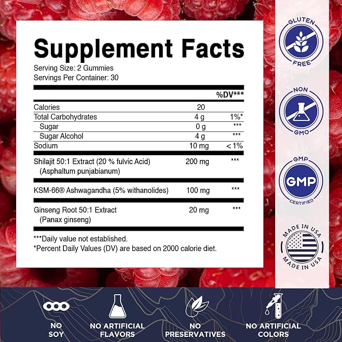 Vitamatic Shilajit with KSM-66® Ashwagandha & Ginseng Extract Gummies – Natural Raspberry Flavor – 60 Vegan Gummies - Made in USA