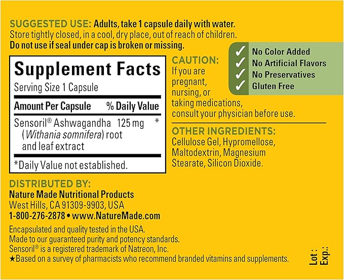 Nature Made Ashwagandha Capsules 125mg for Stress Support, Ashwagandha Supplements, 60 Capsules, 60 Day Supply