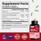 Iron Supplement - Iron 65mg High Absorption Iron Bisglycinate with Vitamin C, Calcium, Gentle Iron Pills for Women Men - Non GMO & Gluten Free, Stomach Friendly, 120 Capsules