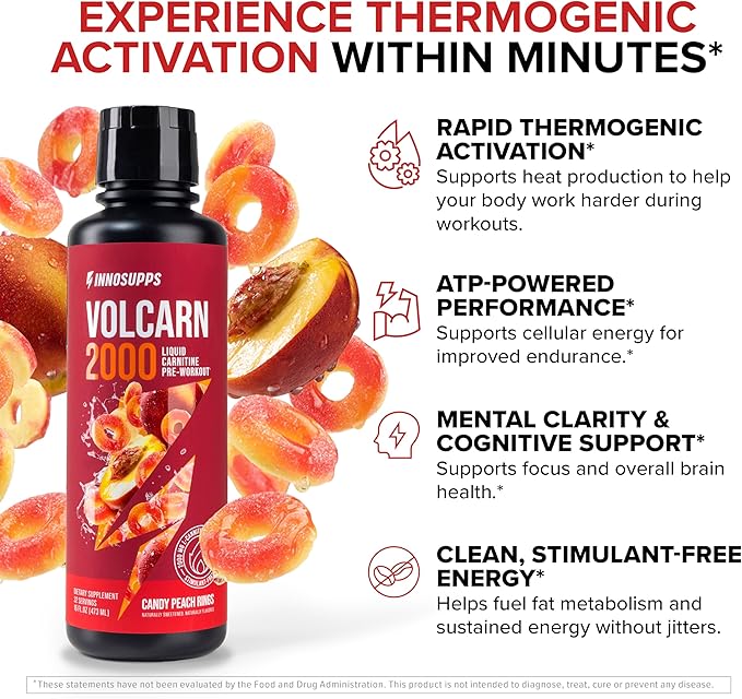 InnoSupps Volcarn 2000 - L-CARNITINE Advanced Energy Liquid | ATP Enhancer with GBEEC | Boosts Energy, Enhances Focus, Caffeine Free, No Artificial Sweeteners | 32 Servings (Candy Peach Rings)