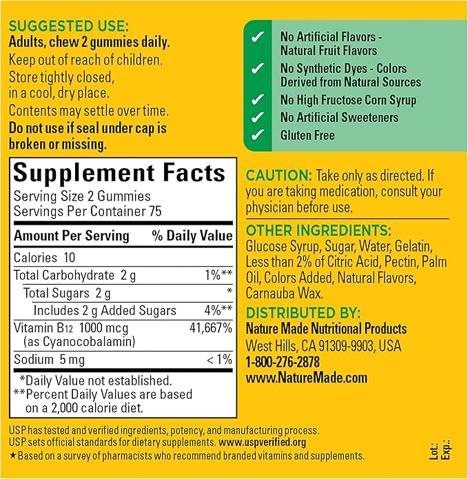 Nature Made Vitamin B12 Gummies 1000 mcg per serving, Dietary Supplement for Energy Metabolism Support, B12 Vitamins, 150 Gummy Vitamins, 75 Day Supply