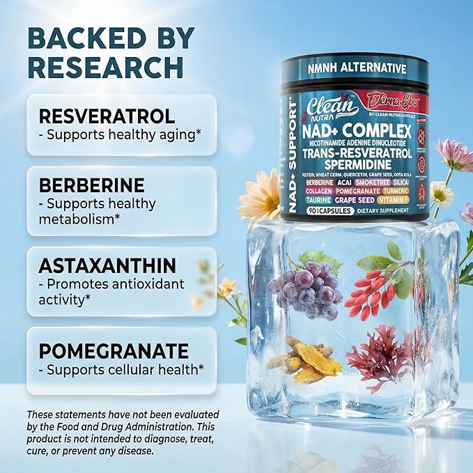 NAD Resveratrol Supplement Spermidine Fisetin Quercetin Grape Seed Gotu Kola Berberine Astaxanthin Taurine Pomegranate Acai Anti Aging Longevity Capsules for Women Men EternaGlow by Clean Nutra 90ct