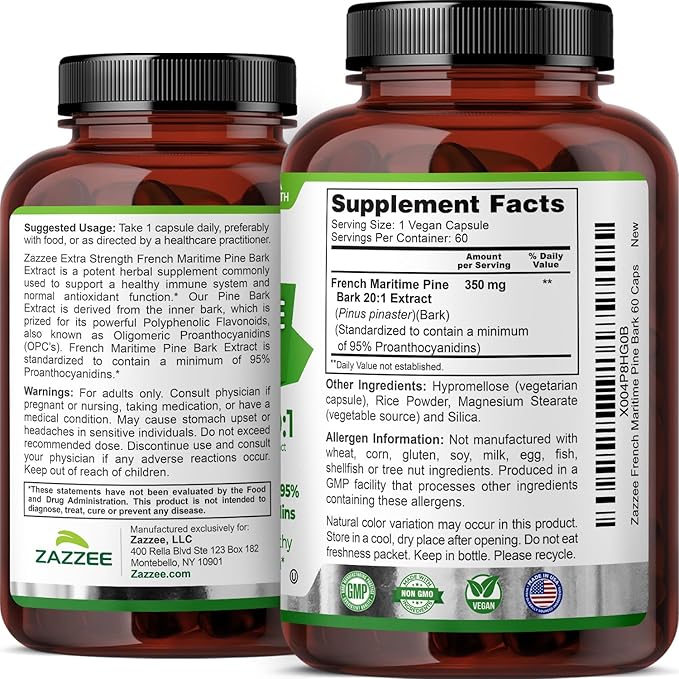 Zazzee Extra Strength French Maritime Pine Bark Extract 20:1, 350 mg Per Capsule, 95% Proanthocyanidins, 60 Vegan Capsules, 2 Month Supply, Certified Kosher, Antioxidant Support, Non-GMO, Made in USA