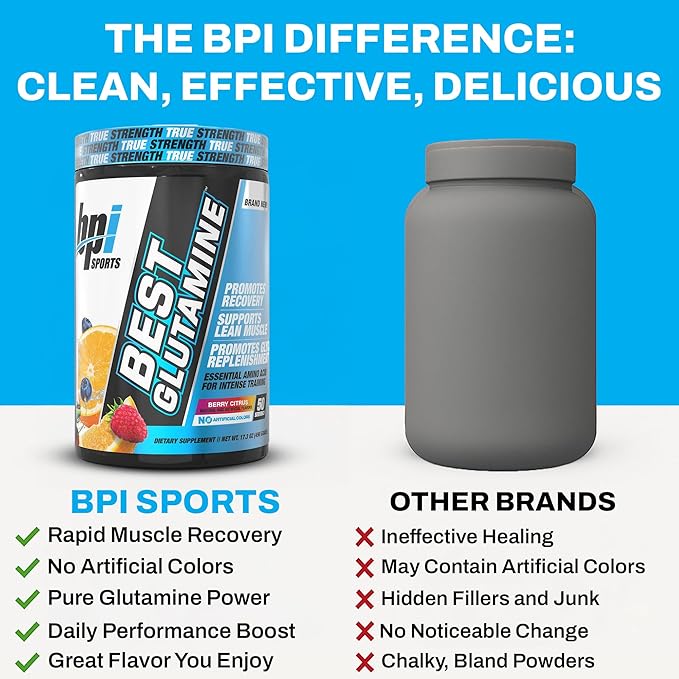 BPI Sports Best Glutamine Supplement, L Glutamine Powder for Gut Health, Muscle Recovery and Immune Support – 6 Advanced Glutamine Types + Vitamin C – 50 Servings – Berry Citrus Flavor
