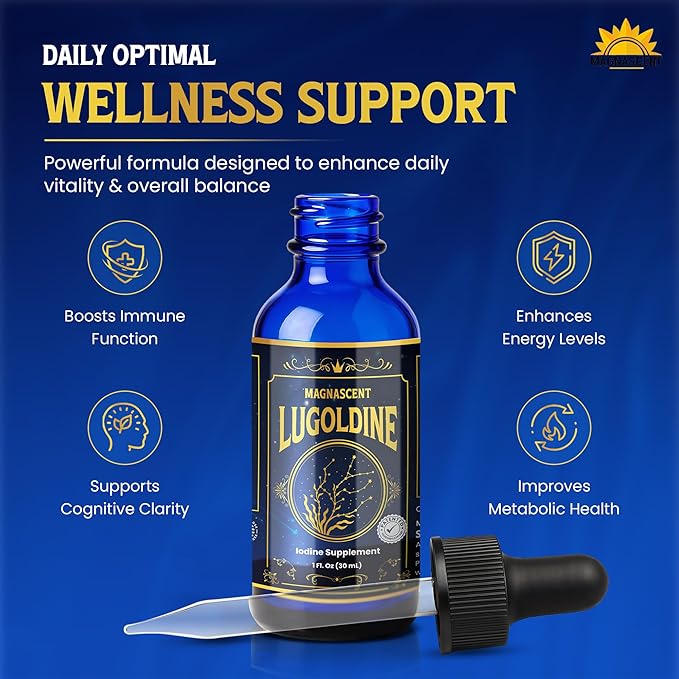 Lugoldine Iodine Drops 1 oz – Patented Process (US20090022816A1), 150 mcg Iodine (100% Daily Value), Alcohol-Free & Glycerin-Free, Liquid Iodine Supplement (1 Ounce (Pack of 1))