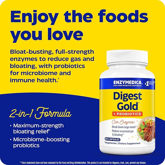 Enzymedica Digest Gold + Probiotics, 2-in-1 Digestive Enzymes & Probiotic Support, Promotes Gut Health with 1 Billion Active Cultures, 90 Capsules