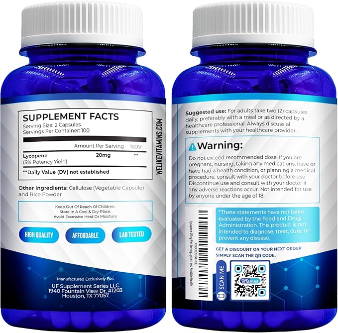 We Like Vitamins Lycopene Supplements for Men - Lycopene 20mg Per Serving - 200 Capsules - Super Antioxidant which Helps Support Immune System and Prostate Health