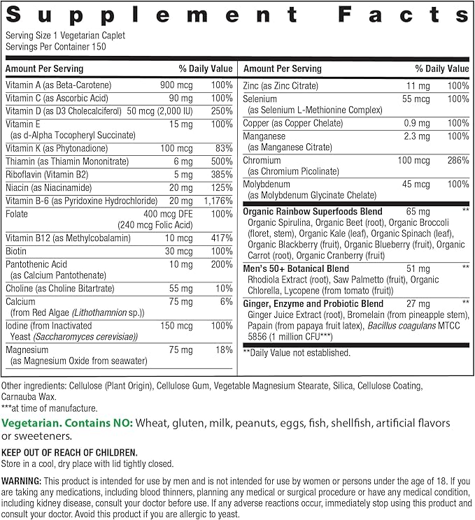 Rainbow Light Multivitamin for Men 50+, Vitamin C, D & Zinc, Probiotics, Men's One 50+ Multivitamin Provides High Potency Immune Support, Non-GMO, Vegetarian, 150 Tablets