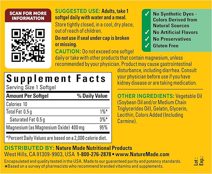 Nature Made Magnesium Oxide 400 mg Softgels, Extra Strength Magnesium Supplements for Men and Women, Support for Muscle, Nerve, Bone and Heart, 60 Day Supply