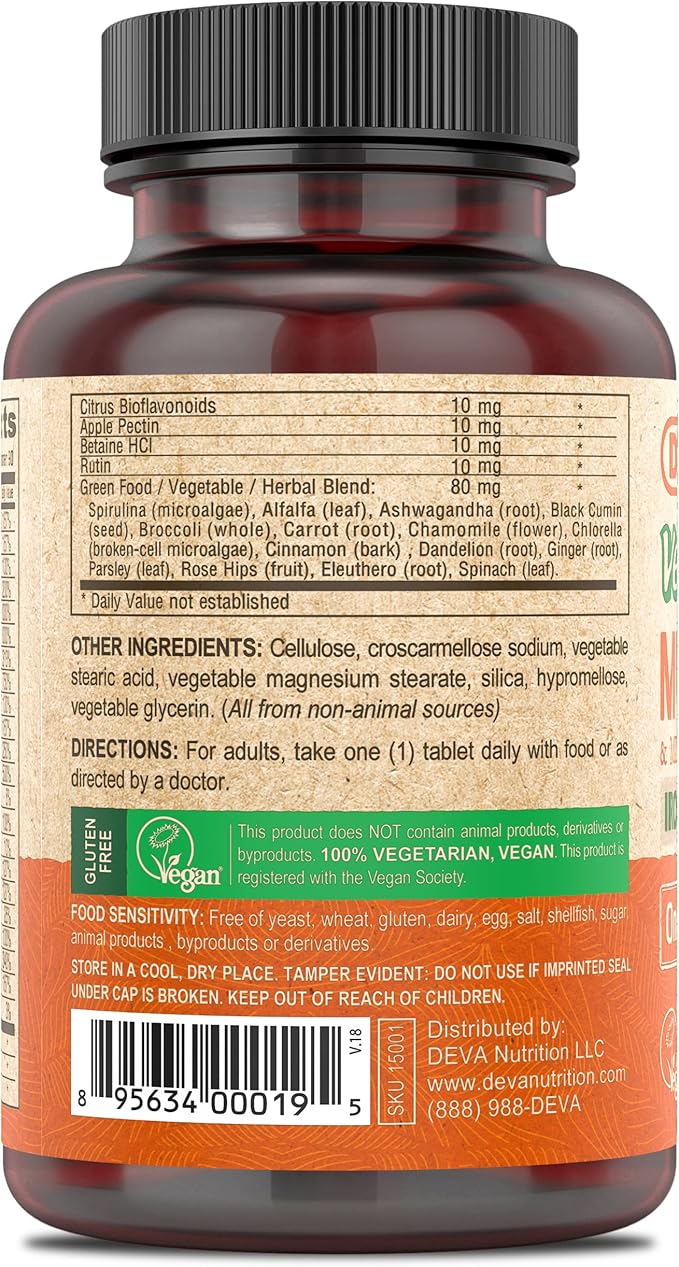 DEVA Vegan Iron-Free Multivitamin & Mineral Supplement, Green Food Blend, Spirulina, Chlorella, Ashwagandha, Broccoli, 90 Coated Tablets