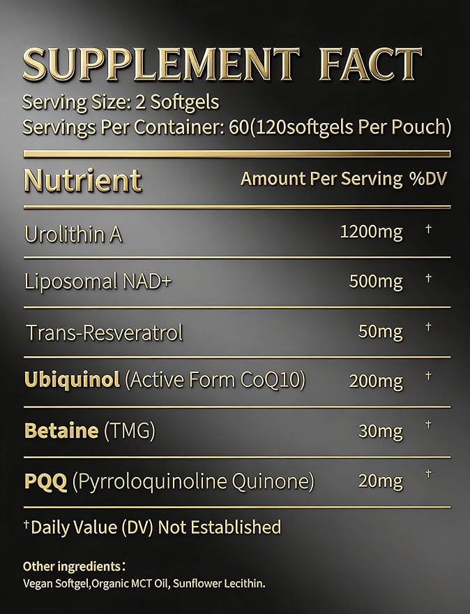 Urolithin A Supplement with Liposomal NAD+, Trans-Resveratrol, Ubiquinol, TMG, PQQ, 6-in-1 Formula for Cellular Energy & Mitochondrial Support, 120 Softgels