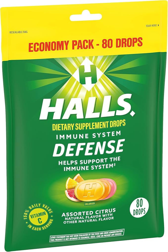 HALLS Defense Assorted Citrus Vitamin C Drops, Dietary Supplement Drops, Economy Pack, 12 Bags (960 Total Drops)