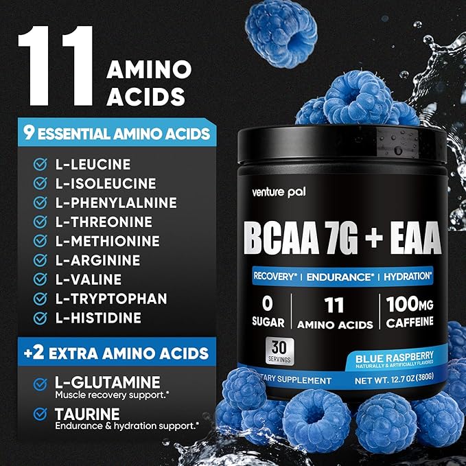 Sugar Free 7g BCAA + EAA Powder | Supports Muscle Recovery, Growth, Strength & Endurance – 9 Essential Amino Acids with L-Glutamine, Caffeine, Vitamin & Electrolyte for Energy & Hydration, Gluten Free