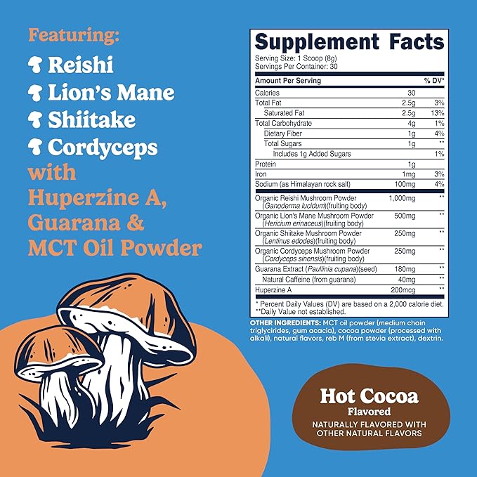Nutricost Nutrizen AM Focus Adaptogenic Mushroom Drink (Hot Cocoa Flavored) 30 Servings - Includes Reishi, Lion's Mane, Shiitake, Cordyceps