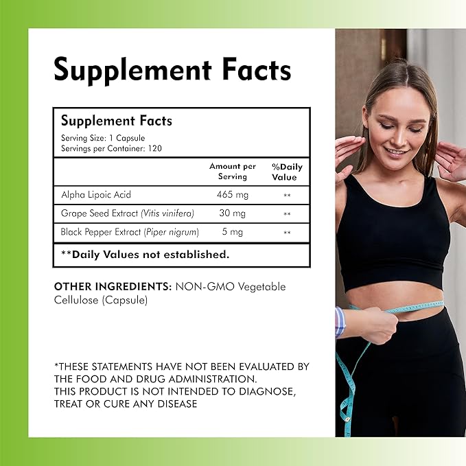 Supplements, Alpha Lipoic Acid 500 mg with Grape Seed Extract & Piperine Extra Strength, 120 Veg Capsules