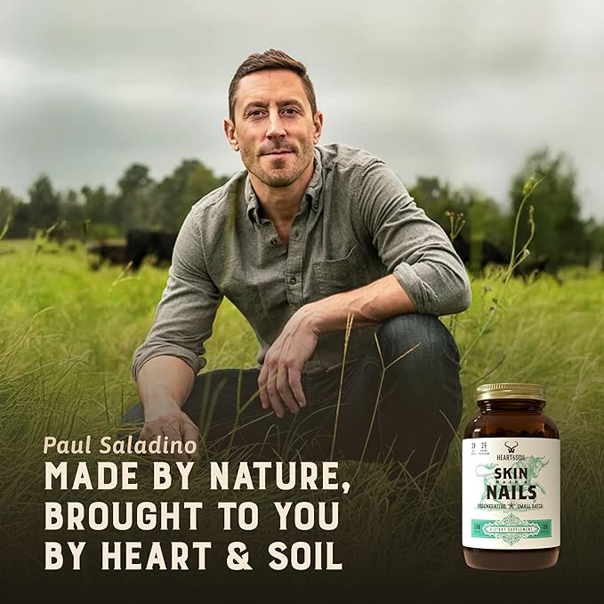 Heart & Soil – 100% Grass Fed & Finished Hair Skin and Nails Supplement from Regenerative Cattle with Cartilage, Liver, & Bone Marrow – 3000mg Beef Organs for Women & Men – Glass Bottle – 180 Capsules