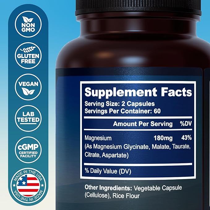 5-in-1 Magnesium Complex - High Absorption - Chelated Magnesium Glycinate, Malate, Citrate, Taurate, & Aspartate for Nerves, Muscles, Bones | 120 Capsules | Magnesium Supplement